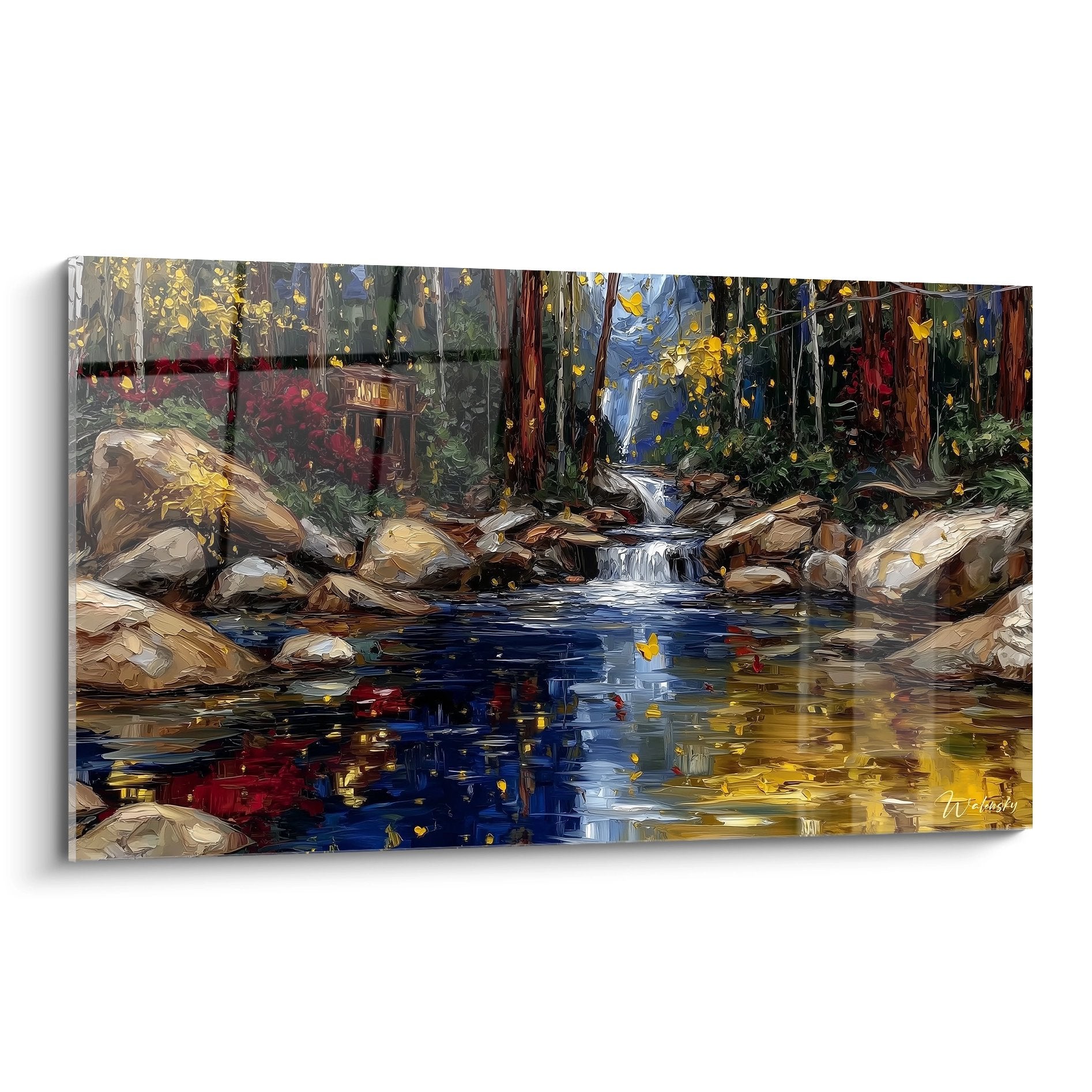 Tableau mural ruisseau de montagne avec cascade automnale et reflets colorés dans forêt