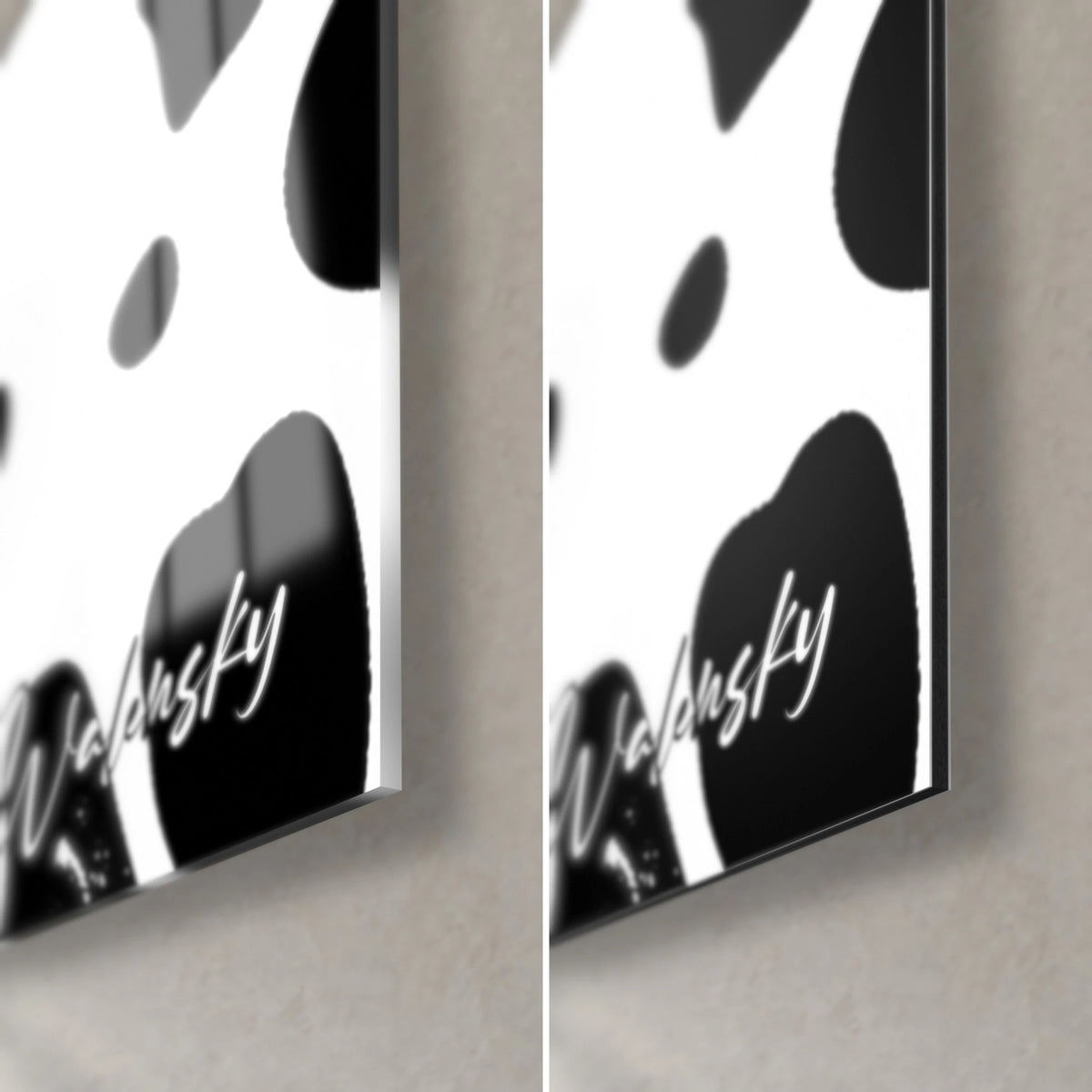 Cuadro con motivo moteado en blanco y negro, esquina inferior derecha: cristal acrílico brillante a la izquierda, aluminio Dibond mate a la derecha, canto de 3 mm
