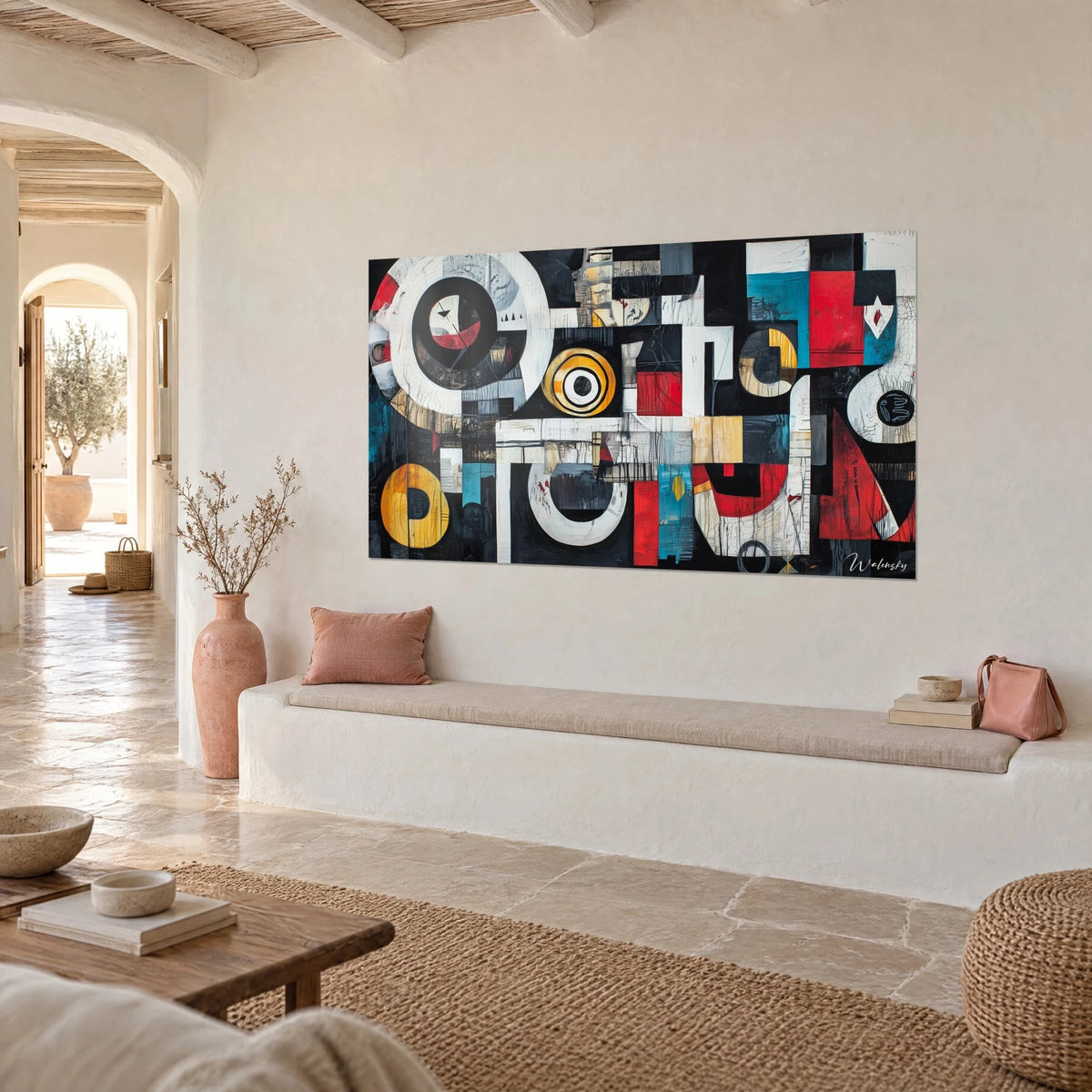 Quadro mosaico astratto di dischi ocra e campiture turchesi cerchiate di nero, su una parete beige, panca in pietra