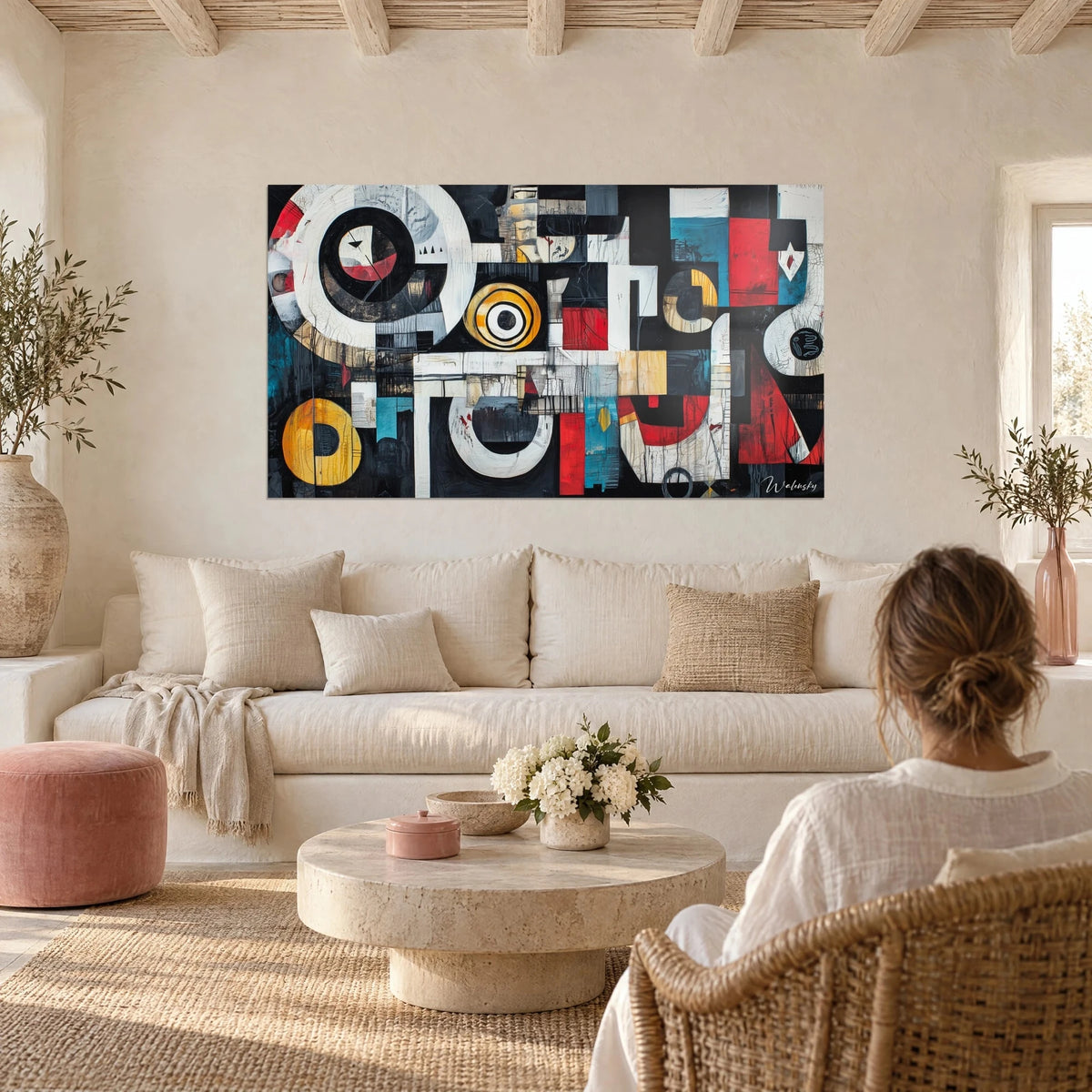 Quadro composizione geometrica di cerchi bianchi, rossi e gialli su fondo nero, sopra un divano in un soggiorno luminoso