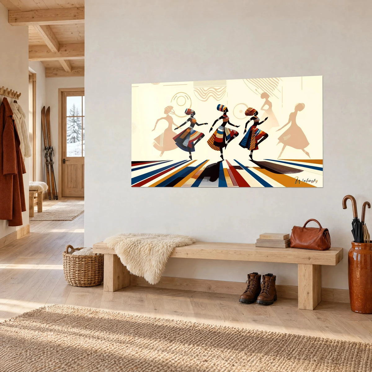 Wall art ballet of stylised silhouettes, red and blue turbans, long shadows on a striped floor, grey wall of a chalet entrance