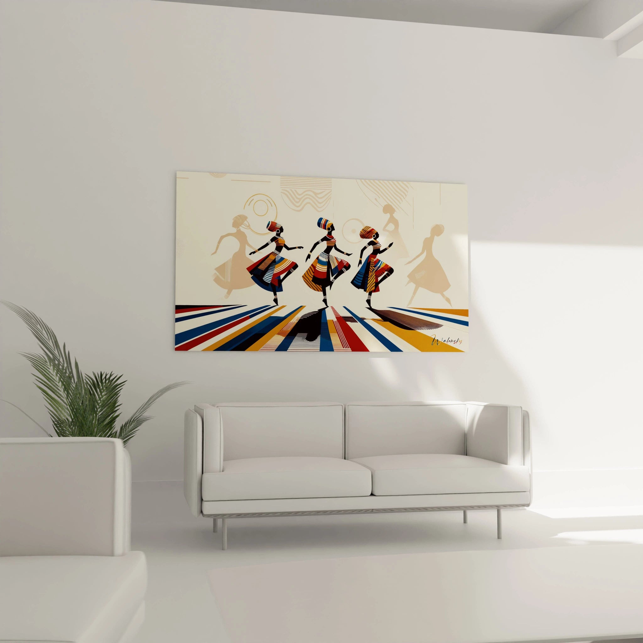 Ce tableau africain placé au-dessus du canapé crée un point focal captivant dans le salon. Les motifs géométriques et les couleurs chaudes évoquent l'âme et la richesse de la culture africaine.

