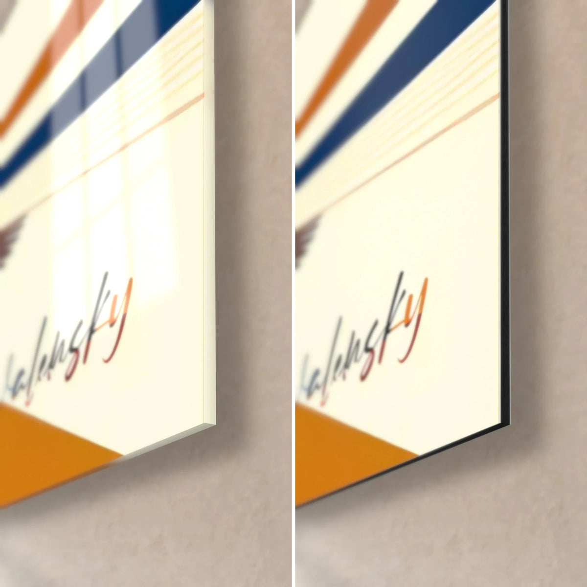 Wall art stylised dancers, bottom right: Walensky signature on ochre and blue stripes, glossy glass and black Dibond edge