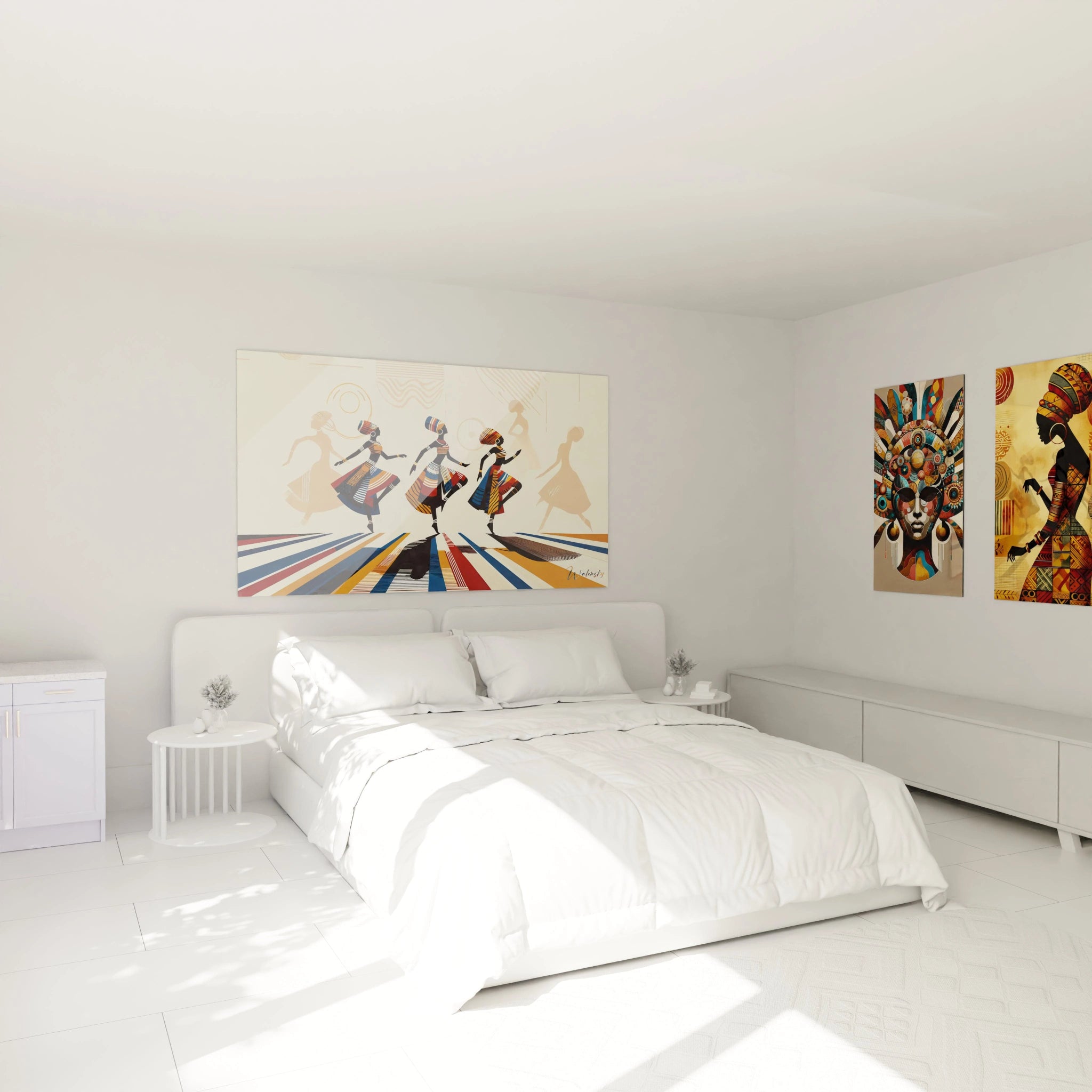 Accroché au-dessus du lit, ce tableau africain anime la chambre avec ses couleurs vibrantes. Les femmes en mouvement symbolisent la joie et la liberté, apportant énergie et harmonie à l’espace.

