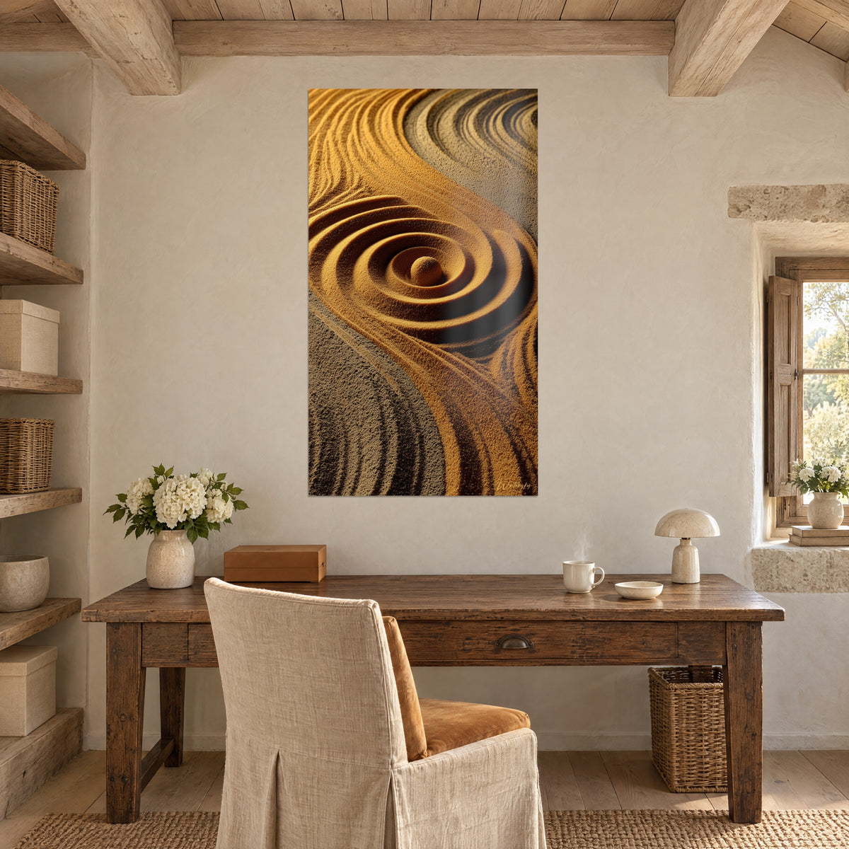 Quadro solchi di sabbia rame e talpa in arabeschi, appeso sopra una scrivania in legno in una stanza a volta