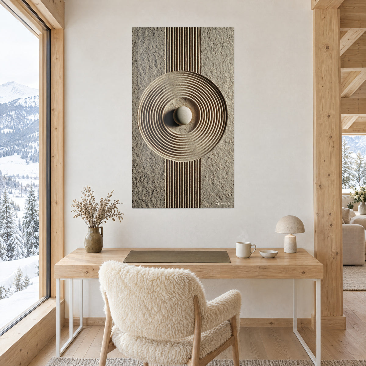 Quadro spirale di sabbia fine beige e cioccolato, ciottolo bianco sporco, strisce scanalate, scrivania in legno accanto a una vetrata