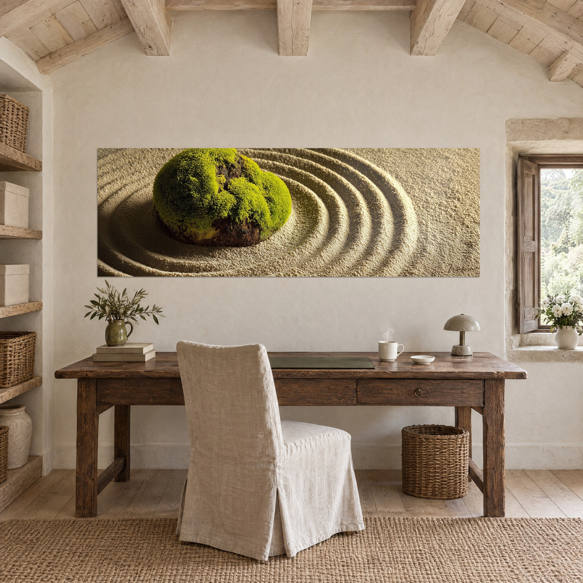 Tableau motif zen de sable ratissé doré et touffe de mousse verte, mur blanc crépi au-dessus d'un bureau en bois ancien