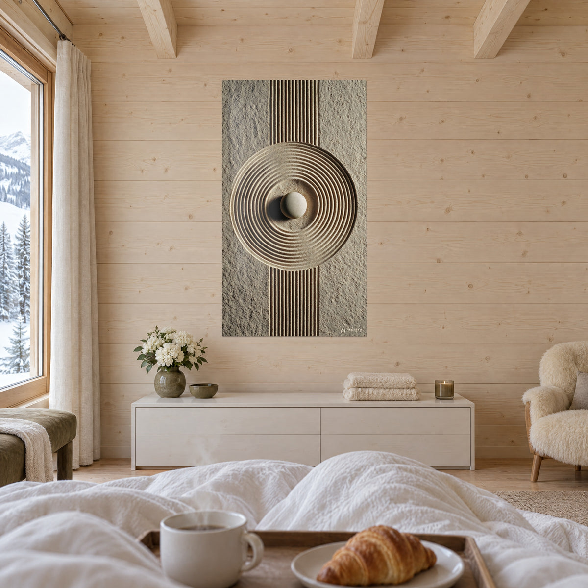 Quadro mandala di sabbia grigio-beige e marrone a righe, ciottolo avorio al centro, sopra un letto in una camera luminosa