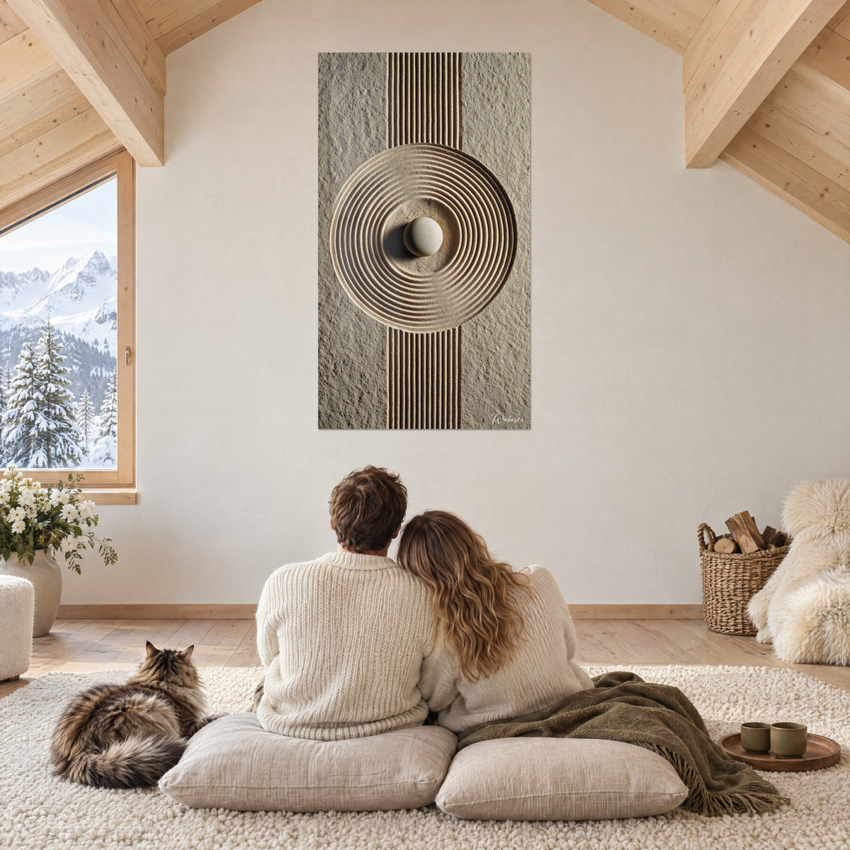 Quadro cerchi concentrici ocra e marrone su sabbia materica, ciottolo chiaro al centro, soggiorno sotto il tetto in legno dello chalet