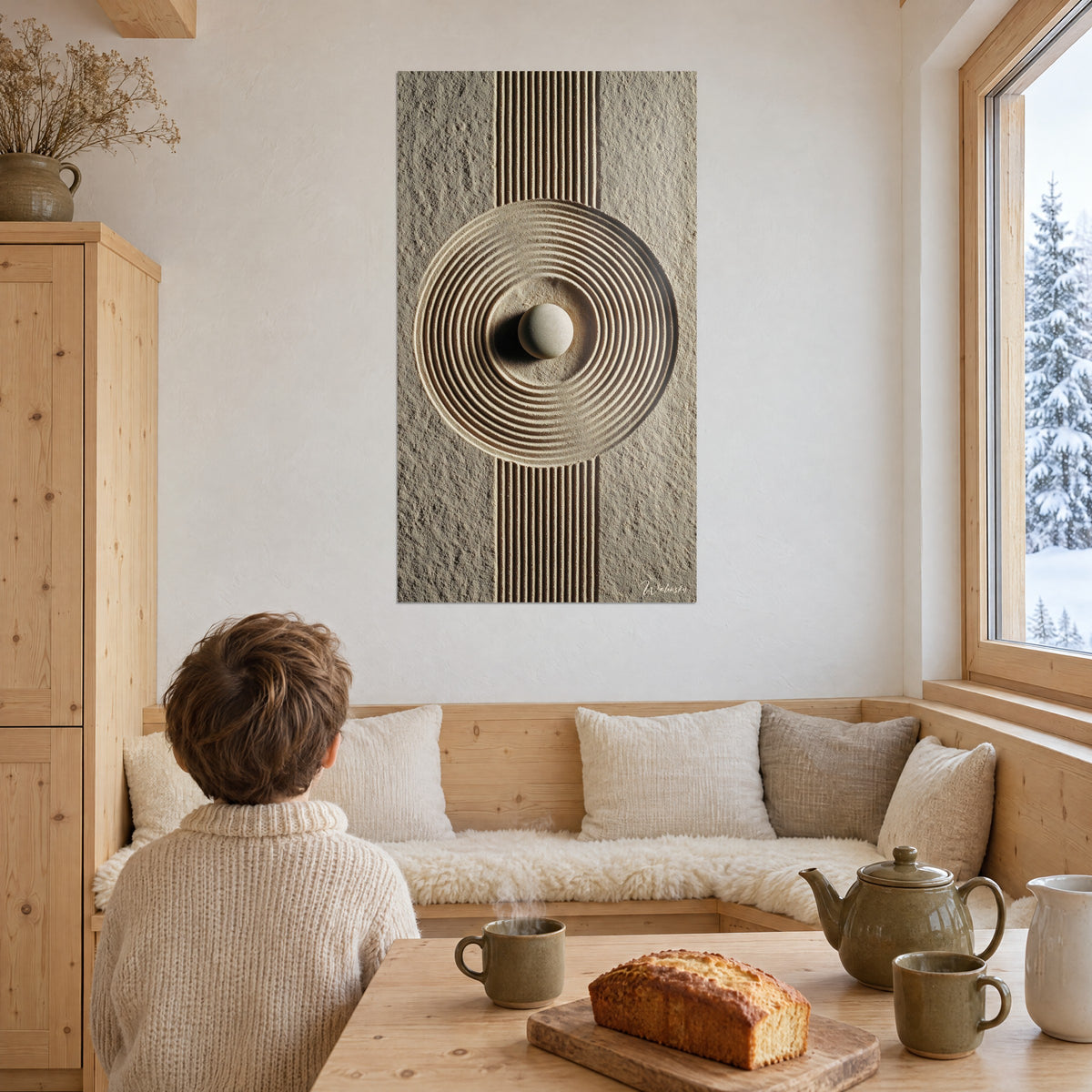 Quadro pietra tonda avorio circondata da anelli in rilievo tortora e sabbia, grandi linee verticali, zona giorno con cucina dello chalet
