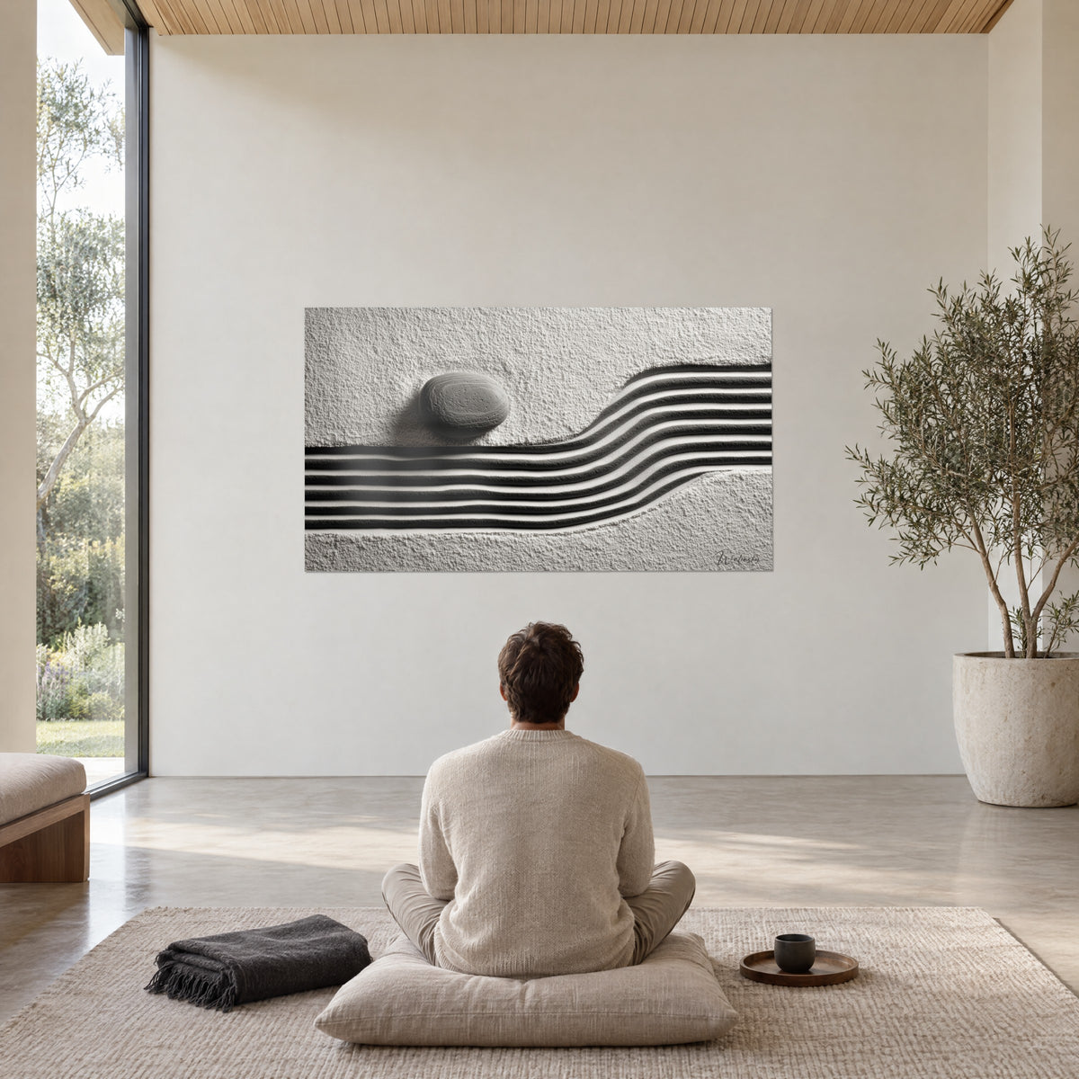 Wall art minimalist mineral landscape, grey pebble and black sand ripples, man in a beige sweater meditating seated on a cushion in front of the white wall