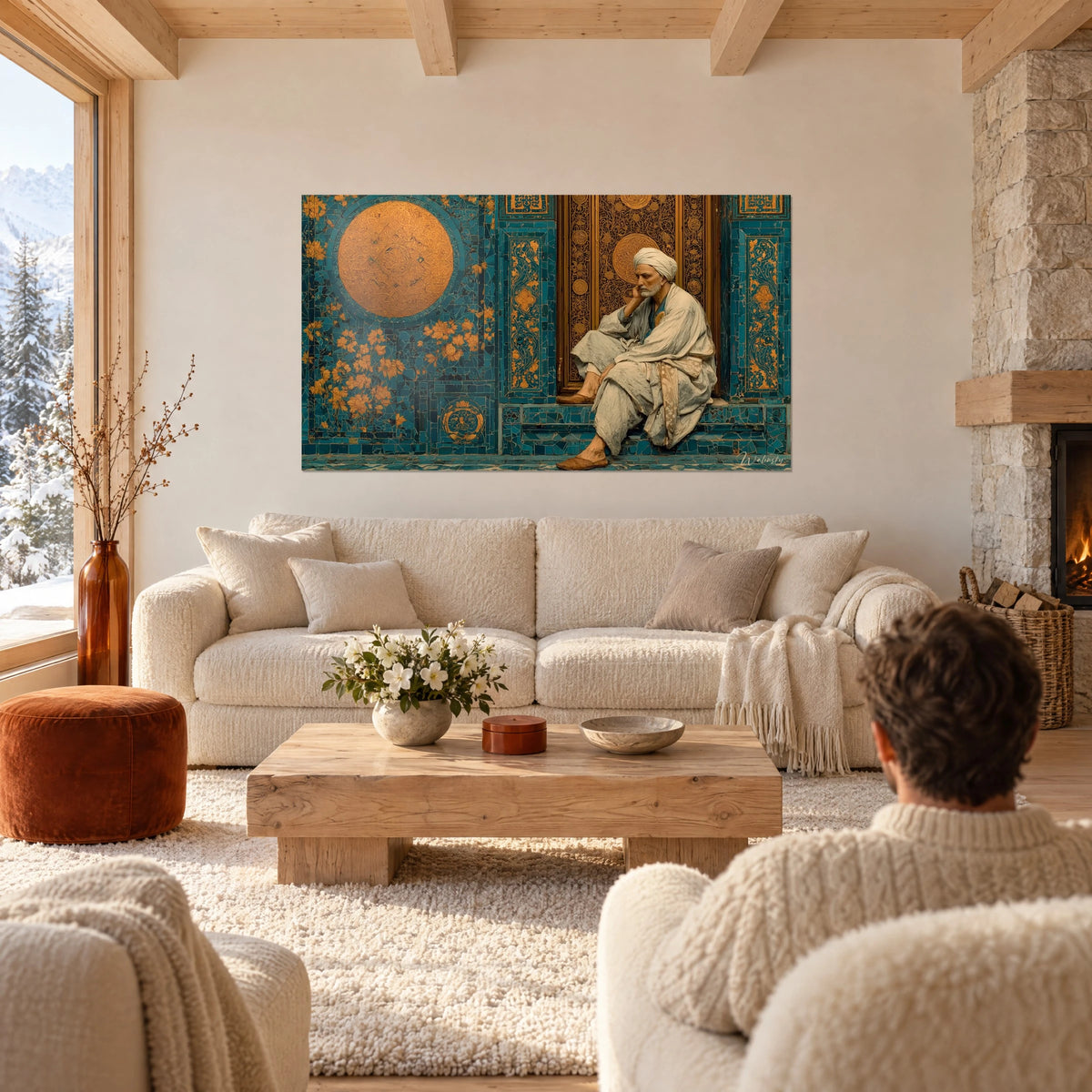 Schilderij wijze man met tulband in crèmekleurige gewaden, gouden medaillon op turquoise mozaïek, boven een bank in een lichte woonkamer