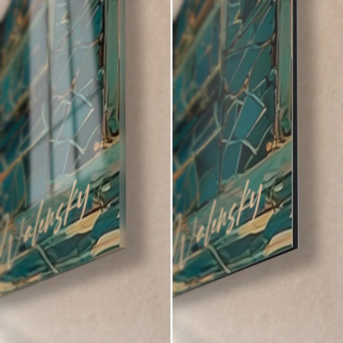 Gemälde meditativer Weiser, unten rechts Mosaik in Türkis und Gold, links glänzendes Acrylglas, rechts mattes Dibond