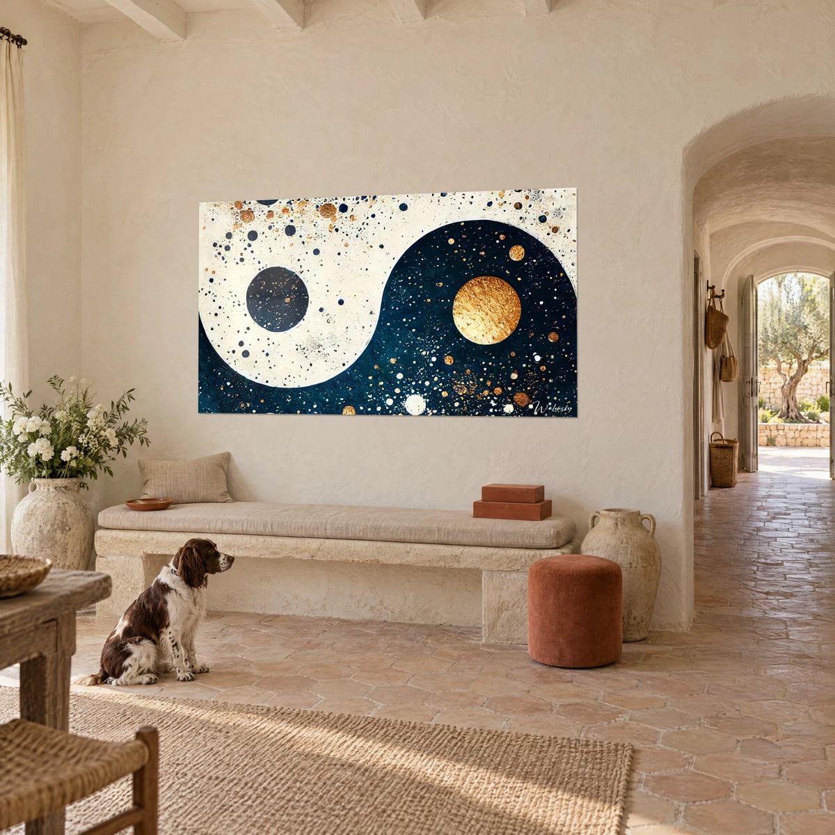 Tableau cercles d'équilibre ivoire et indigo piqués d'or, un spaniel assis devant un banc de pierre, mas provençal