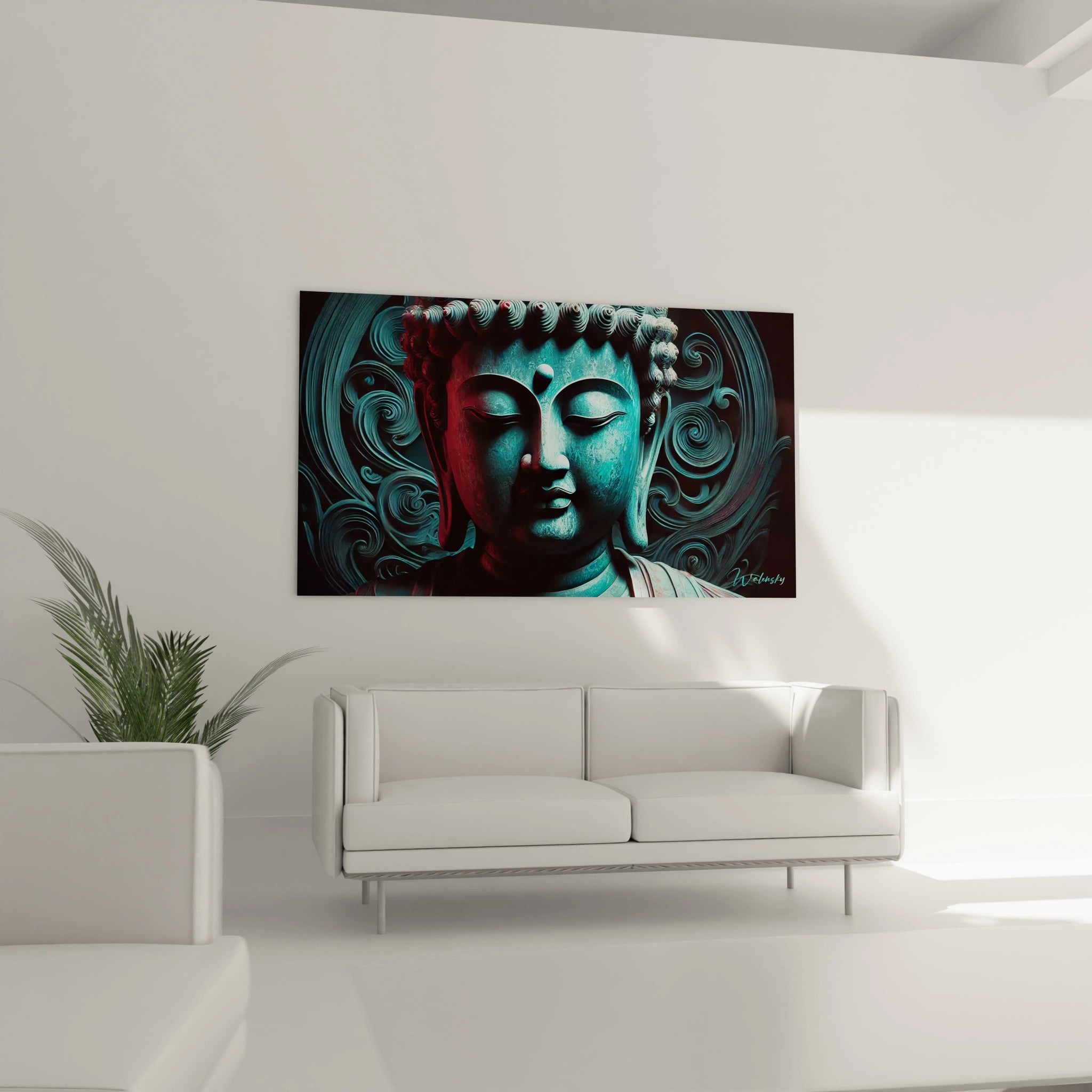 "Tableau en verre acrylique sur le thème zen et méditation, placé au-dessus d'un canapé dans un salon, ajoutant une touche de tranquillité et de modernité à l'espace."