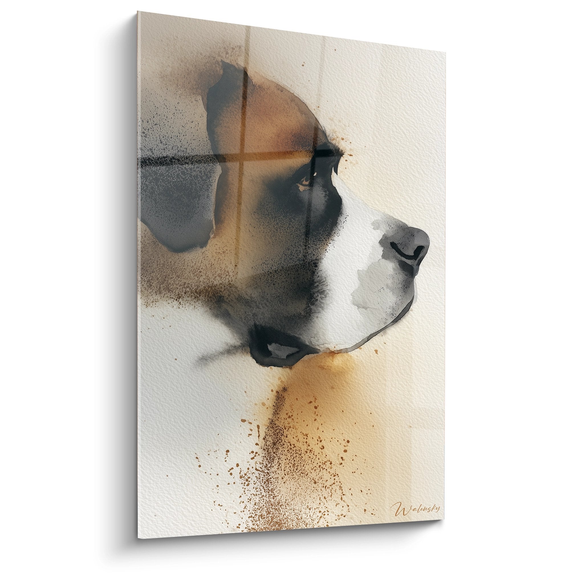 Portrait aquarelle abstrait saint bernard tons gris ocre beige art moderne decoration murale chien
