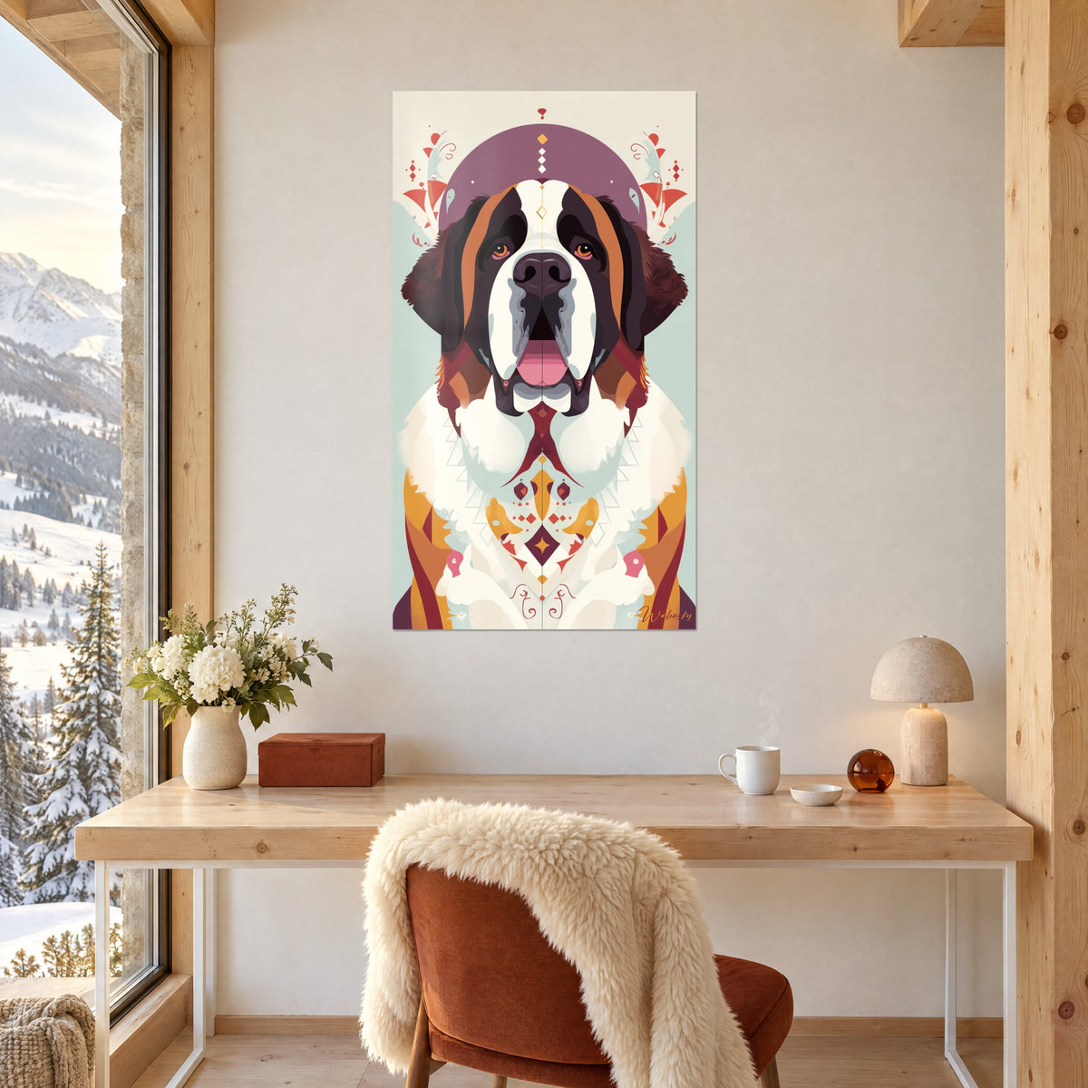 Illustrated large dog wall art, cream coat, caramel and ruby spots, hung above a light wood desk and an armchair