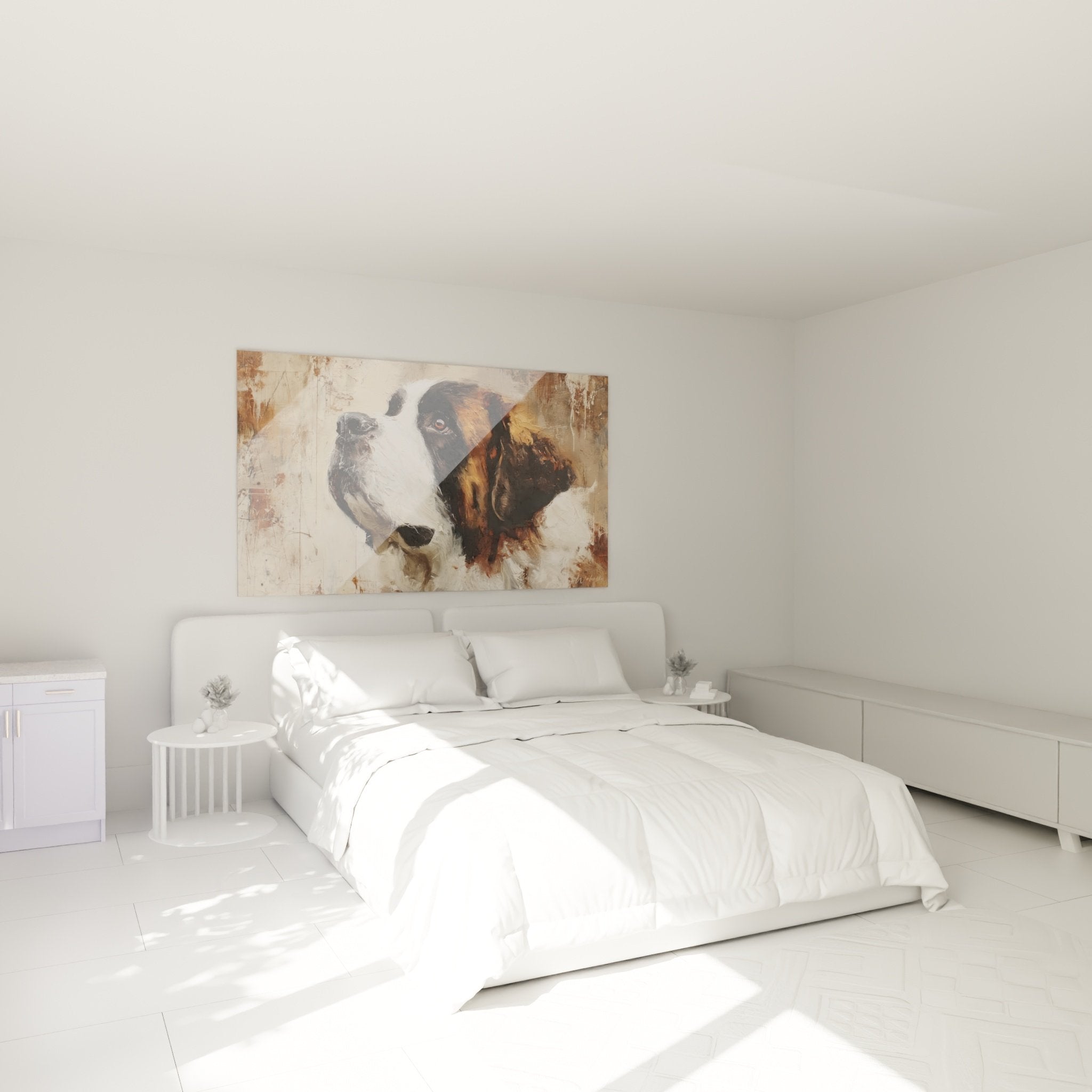 Tableau Saint Bernard portrait noble dans chambre moderne, décoration murale tons chauds ocre et beige