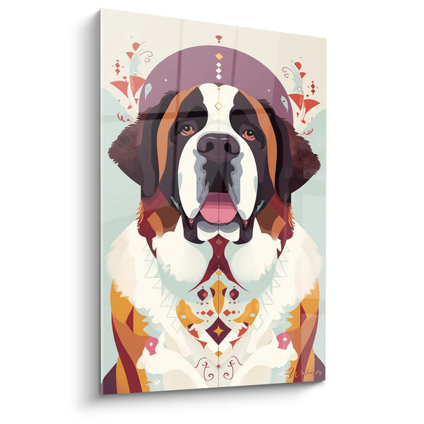 Geometrisches Hunde-Gemälde mit Stammes-Motiven - Dekoratives Porträt - Saint-Bernhard Edition