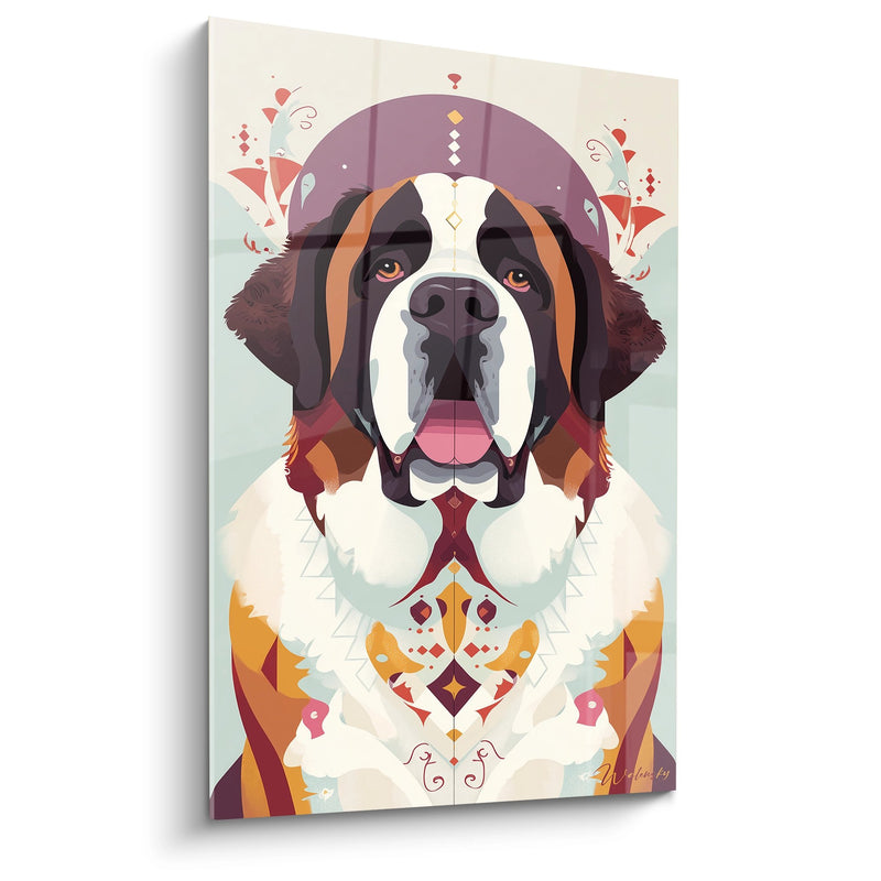 Geometrisches Hunde-Gemälde mit Stammes-Motiven - Dekoratives Porträt - Saint-Bernhard Edition