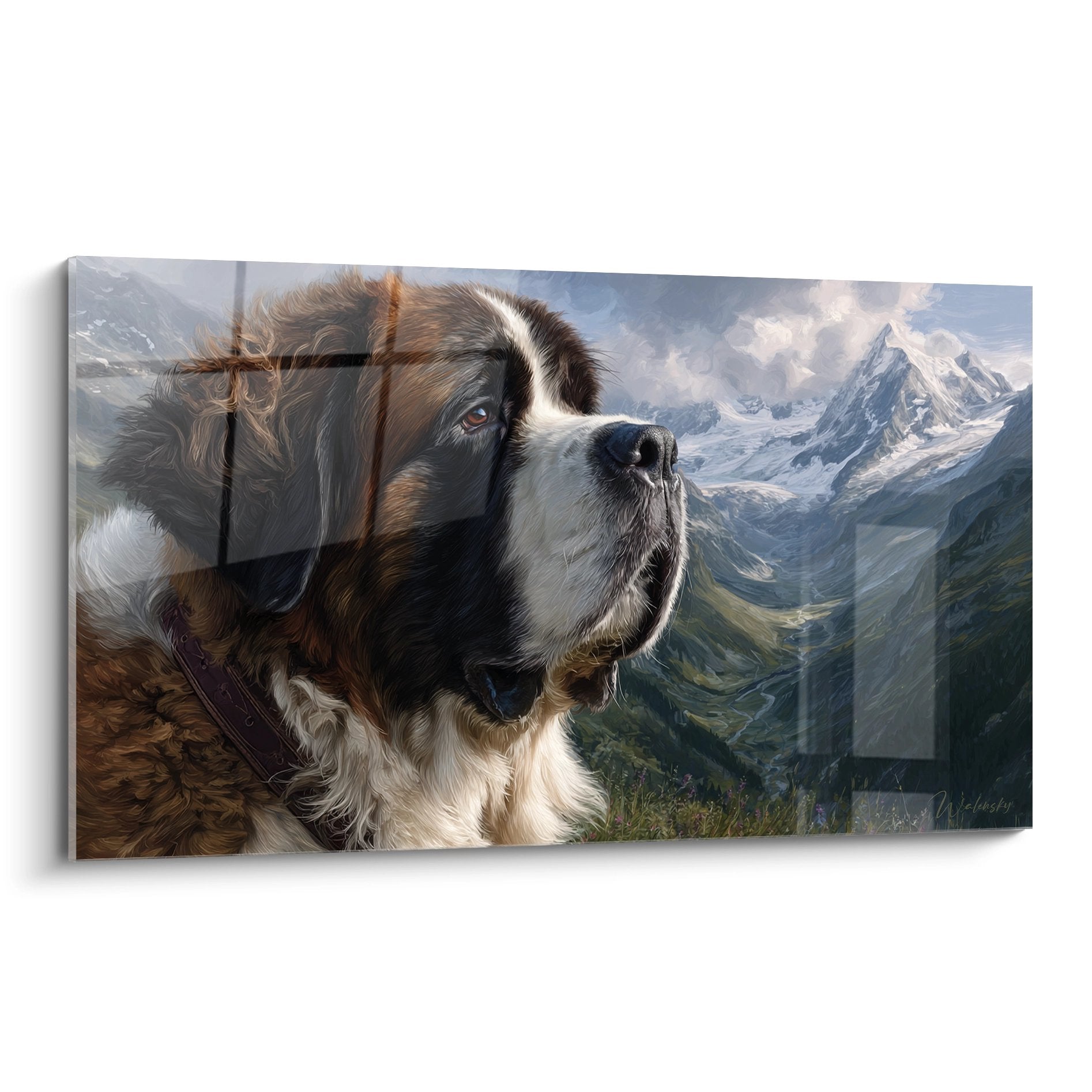 Portrait de Saint Bernard au regard noble avec paysage montagnard alpin en arrière-plan, pelage tricolore détaillé