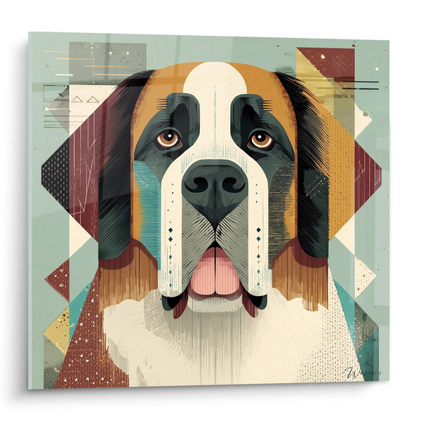 Dog Painting with Geometric Forms and Ochre Colors - Cubist Portrait - Saint Bernard Edition