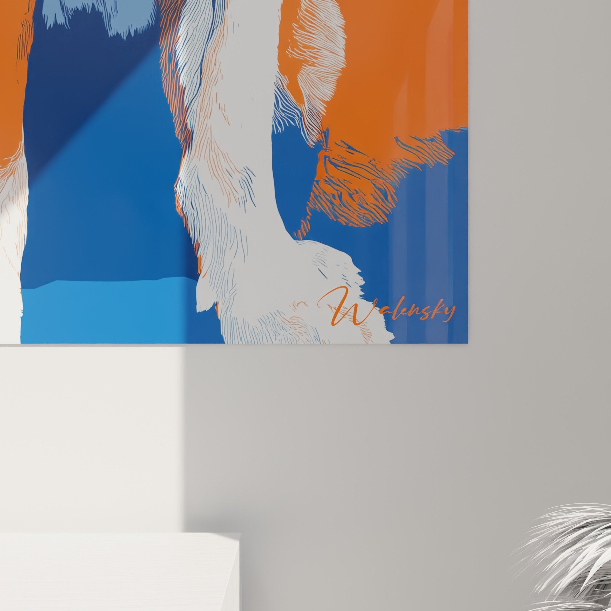 Vue tableau Saint Bernard chiot fond orange salon contemporain décoration intérieure