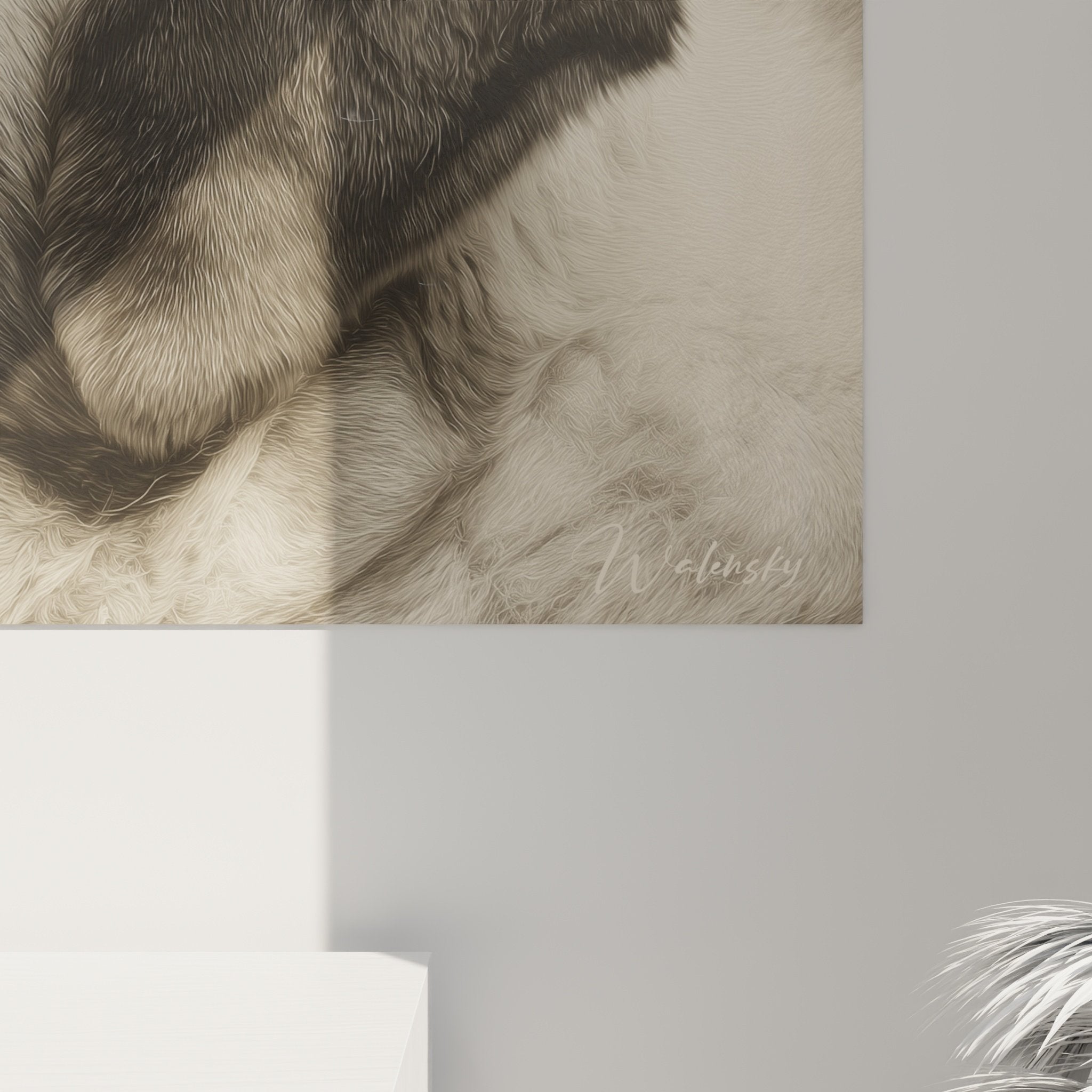 Vue ensemble tableau Saint Bernard sepia mur salon decoration interieure portrait chien tons beiges