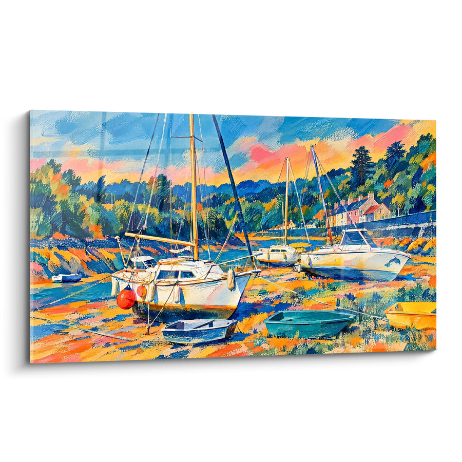Painting of Shipwrecks at Sunset with Orange and Blue Reflections - Harbor Rest - Saint-Brieuc Brittany France Edition