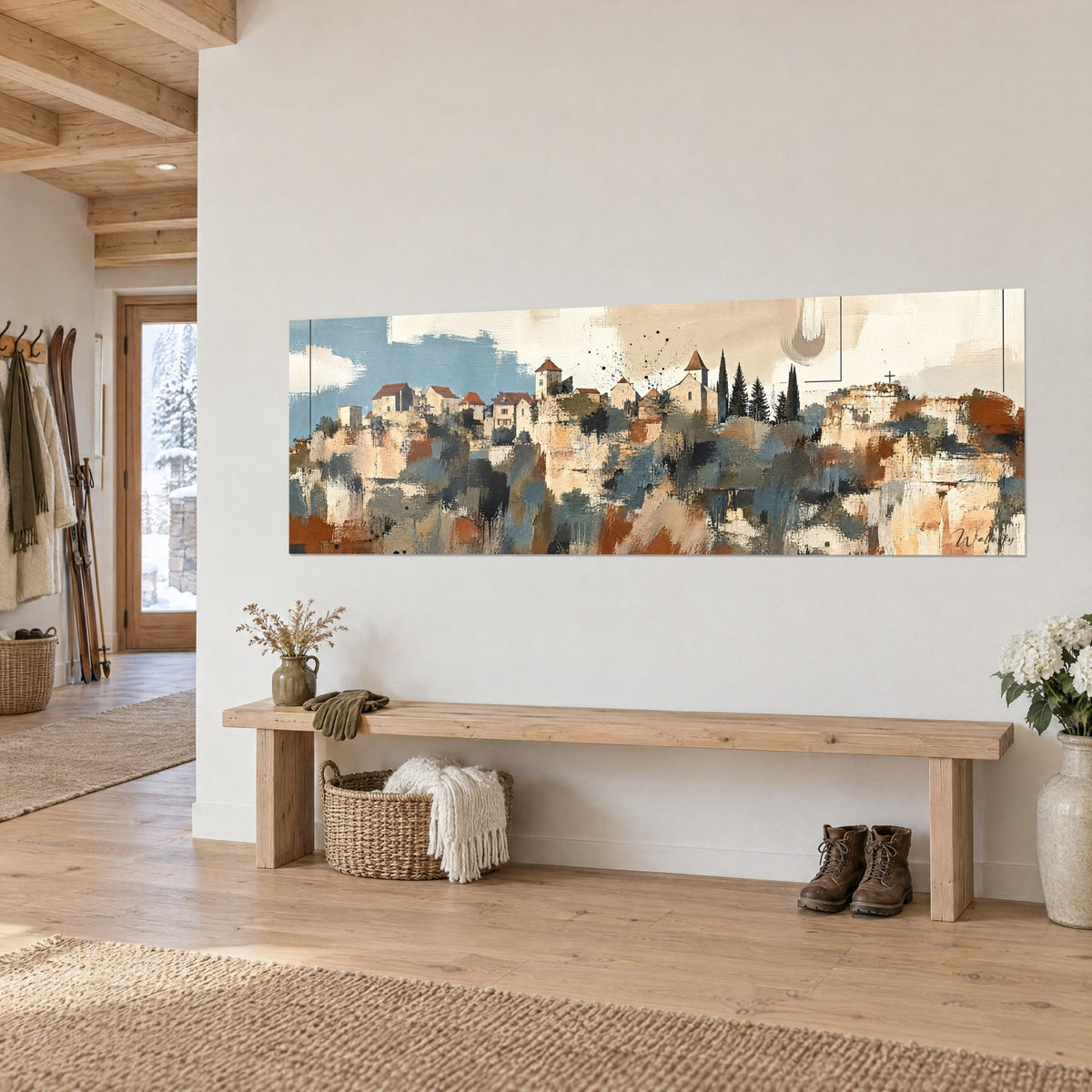 Tableau cité perchée aux toits rouges, cyprès sombres et falaise ocre, en vue de trois-quarts dans un chalet boisé