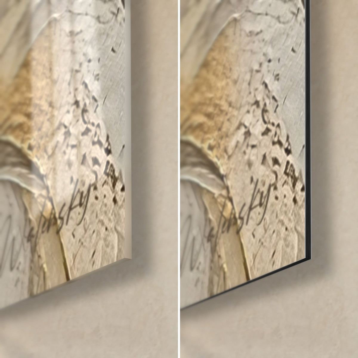 Wall art golden church of Saint-Cirq-Lapopie, bottom right corner in glossy glass and matte Dibond, 3 mm edge, beige and gold scrollwork