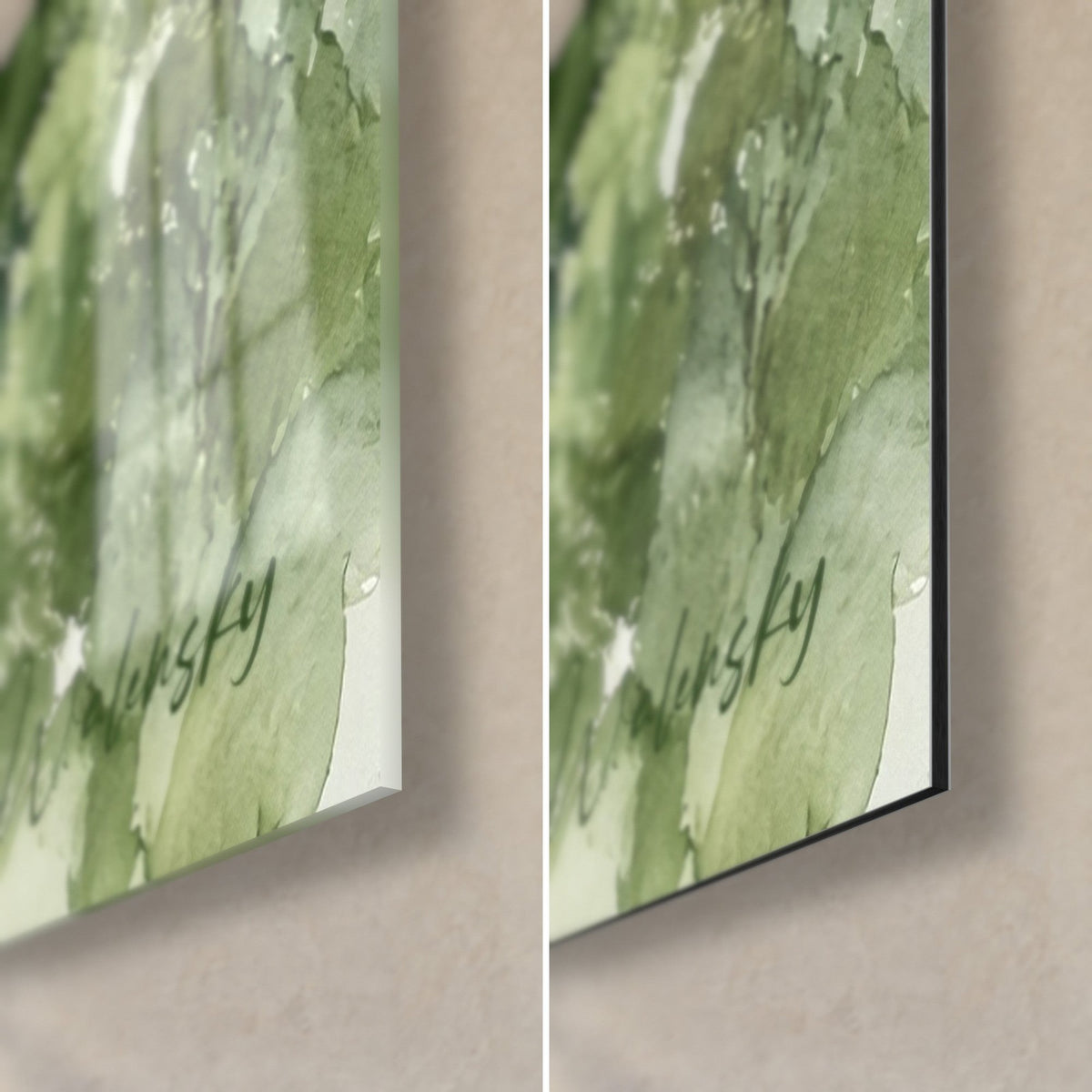 Wall art Hilltop town in watercolour, bottom right corner: green foliage, dark signature, glossy glass and 3 mm matte black Dibond