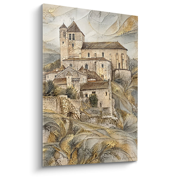 Painting of a Church Perched in Golden and Beige Tones - Perched Silence - Saint-Cirq-Lapopie Edition Occitanie France