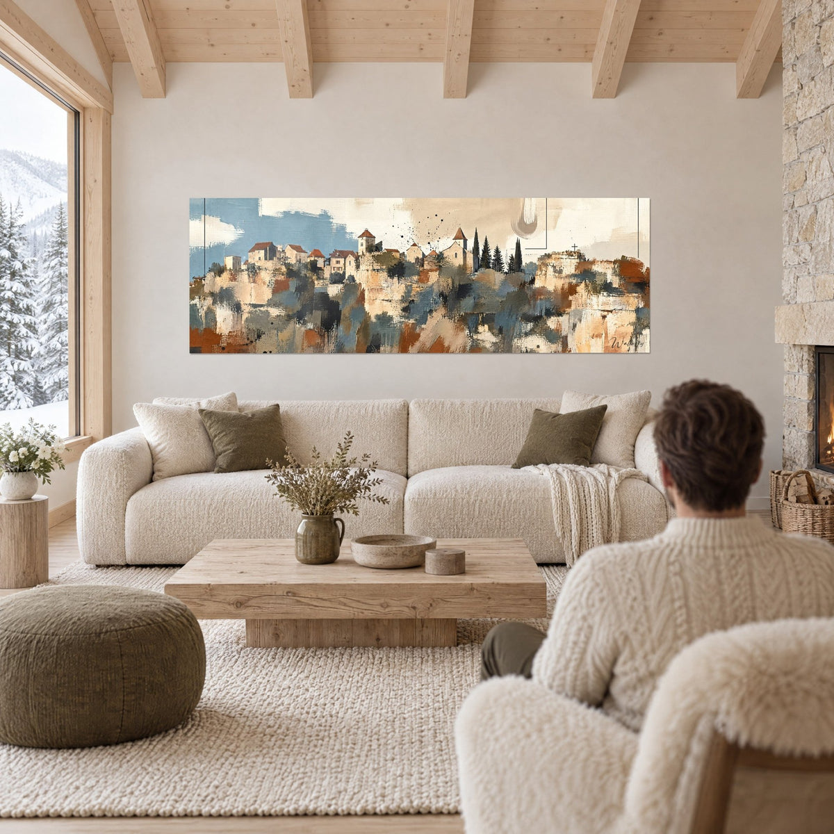 Tableau village médiéval accroché à la falaise, tuiles terracotta et ciel bleu, au-dessus d'un canapé dans un salon lumineux