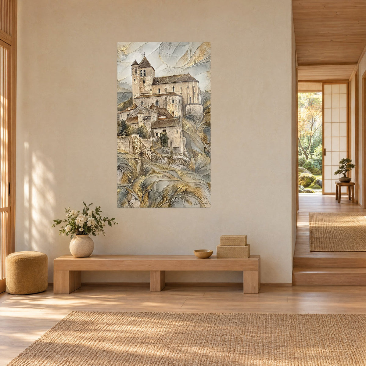 Wall art medieval village clinging to the rock, brown tiled roofs and ochre leaves, cream wall, light wooden bench and flower vase