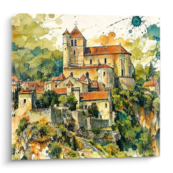 Quadro Villaggio arroccato chiesa ocra e verde - Vertigine medievale - Edizione Saint-Cirq-Lapopie Occitania Francia