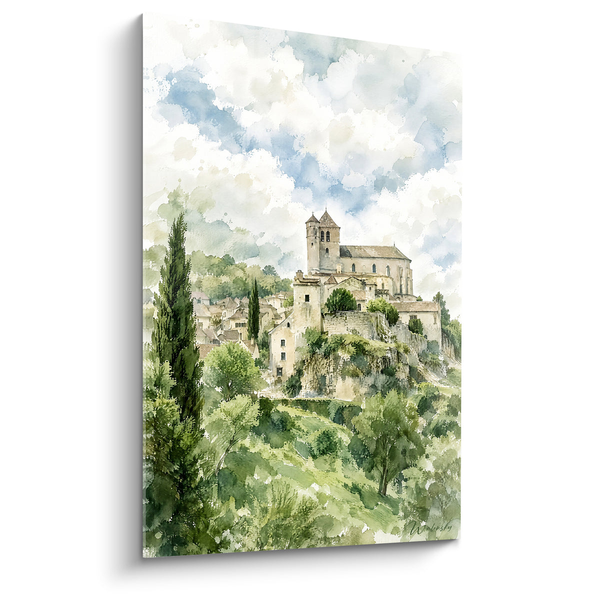 Wall art Saint-Cirq-Lapopie village in watercolour, beige rooftops, green cypress trees and soft pastel blue cloudy sky