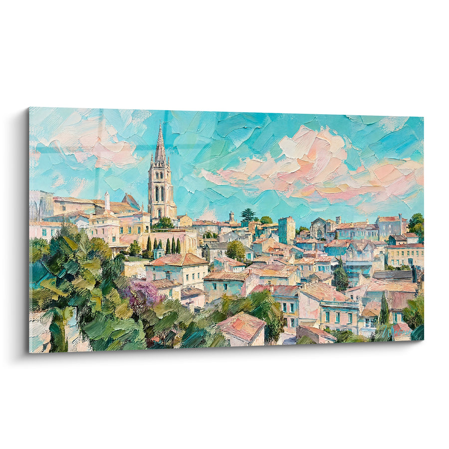 Gemälde Kirchturm eines Dorfes mit ockerfarbenen Dächern und türkisem Himmel - Provenzalischer Morgen - Edition Saint-Émilion Nouvelle-Aquitaine Frankreich