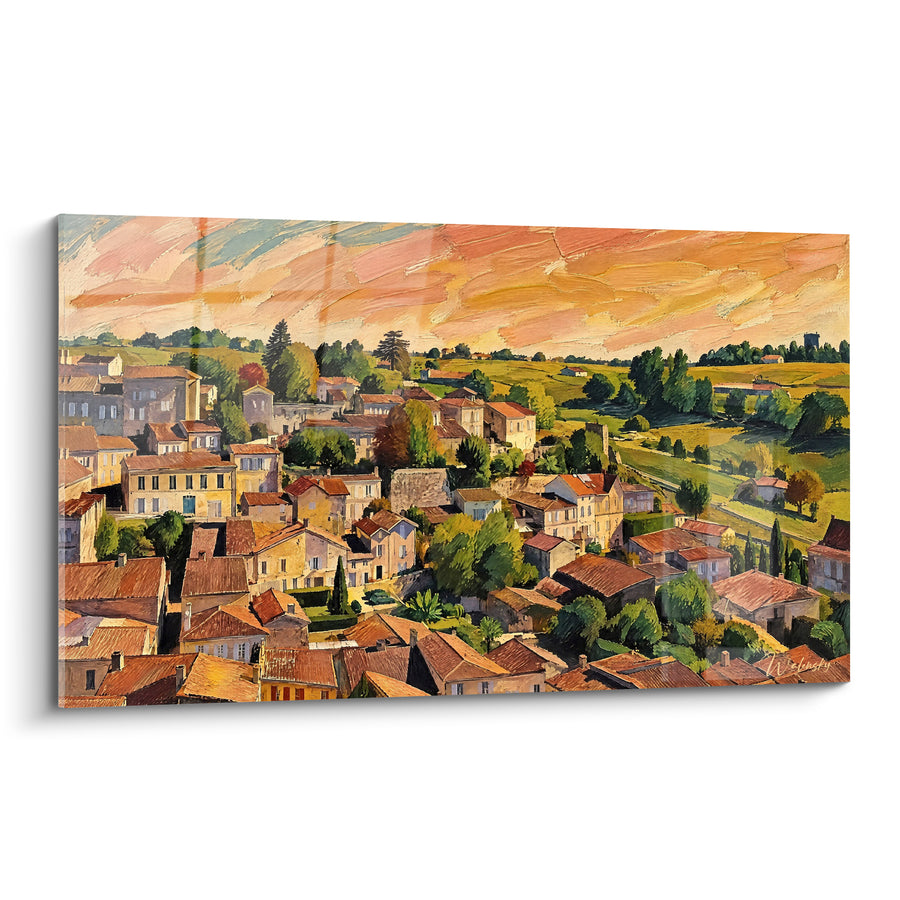 Gemälde Dorfansicht in Terrakotta und Grün mit Ziegeldächern - Abendglanz - Edition Saint-Émilion Nouvelle-Aquitaine Frankreich