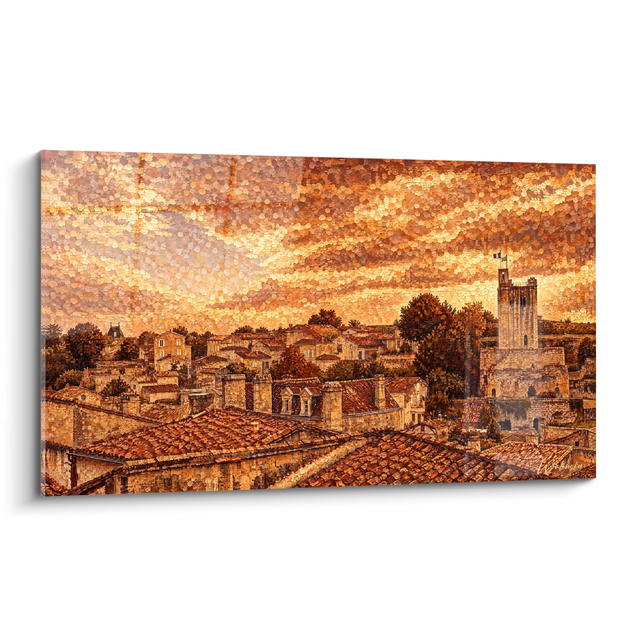 Gemälde Dorf mit ockerfarbenen Dächern und pointillistischem Goldhimmel - Flamme der Dämmerung - Edition Saint-Émilion Nouvelle-Aquitaine Frankreich