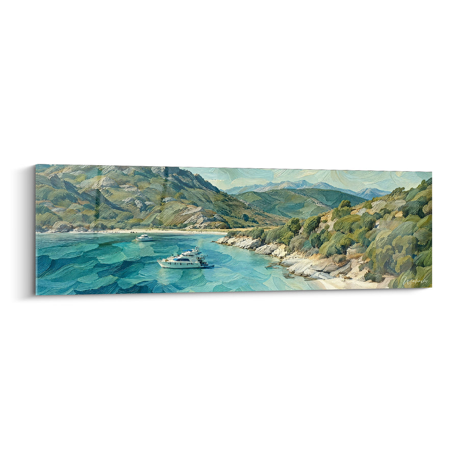 Tableau Yacht blanc sur eaux turquoise et vertes - Deux bateaux ancrés - Edition Saint-Florent Corse France