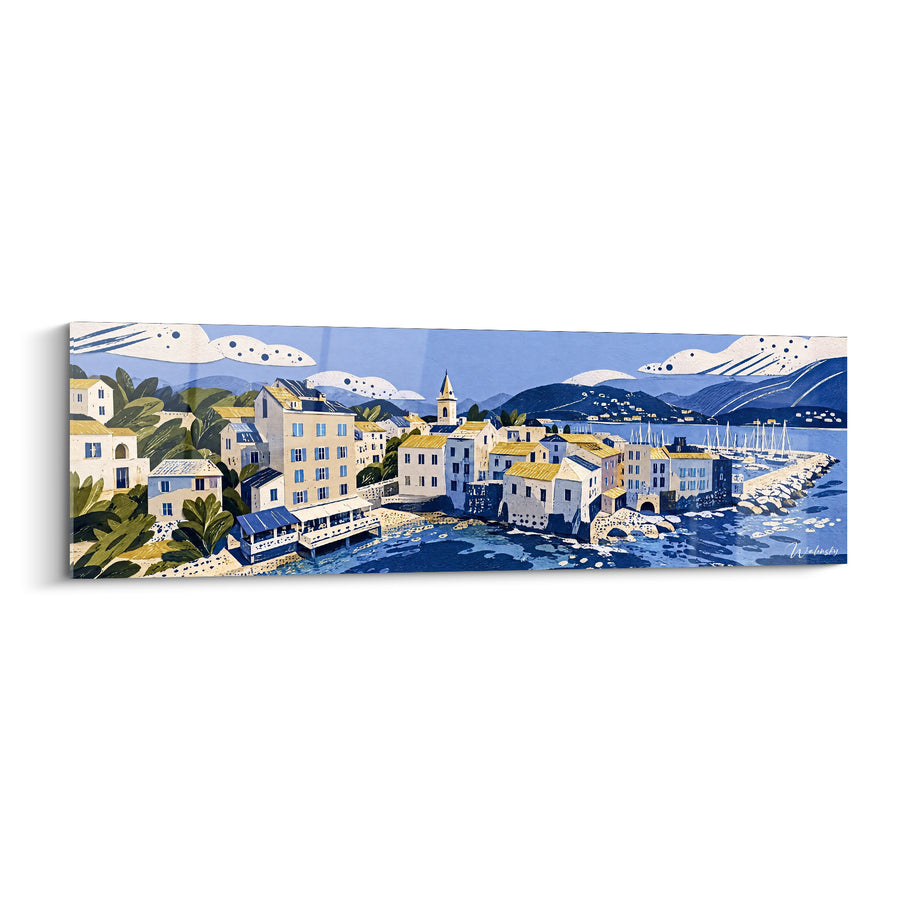 Tableau Village côtier ocre et bleu marine illustré - Quiétude littorale - Edition Saint-Florent Corse France