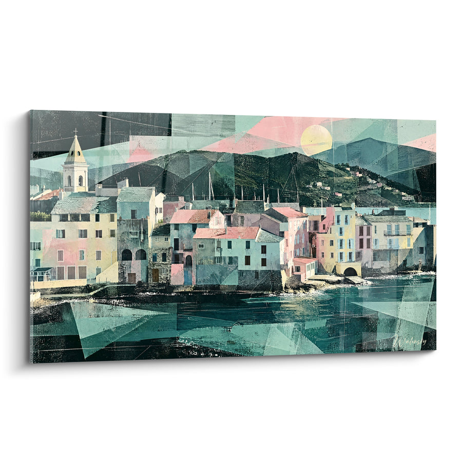 Tableau Village côtier pastel et montagnes géométriques - Rêverie côtière - Edition Saint-Florent Corse France