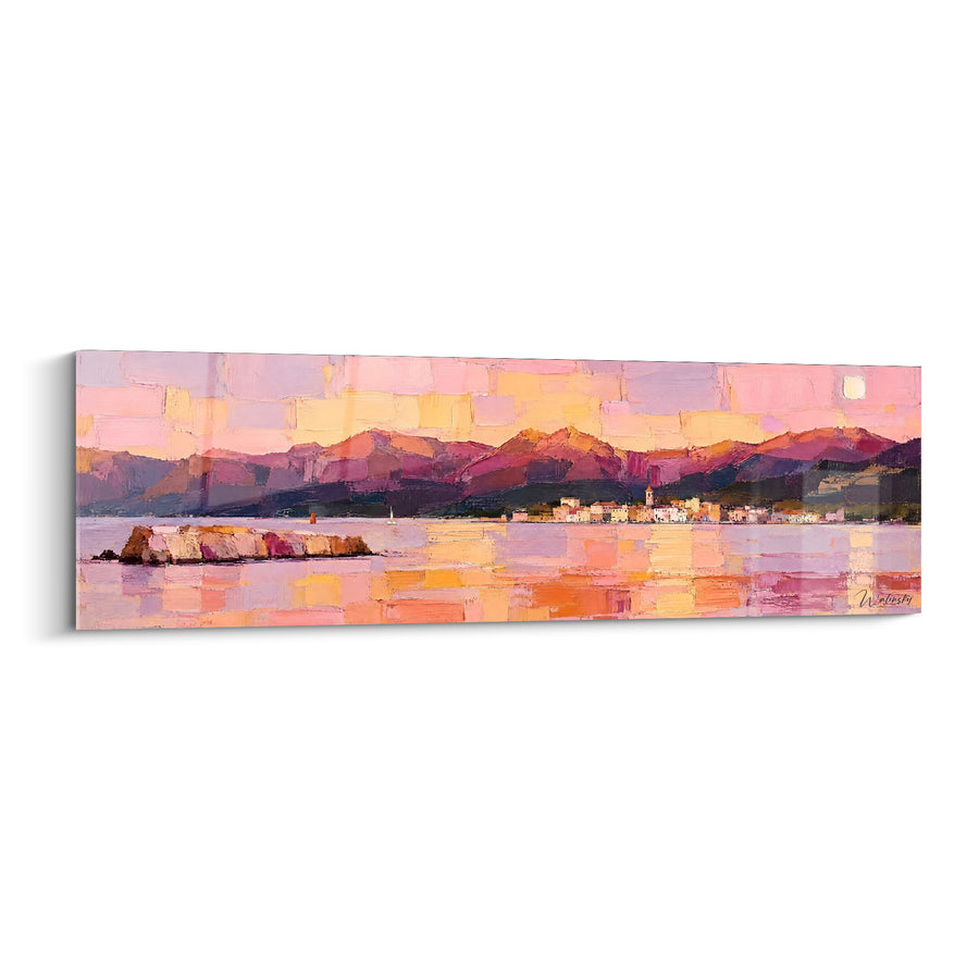 Tableau Village côtier aux reflets roses et dorés - Lumière du soir - Edition Saint-Florent Corse France