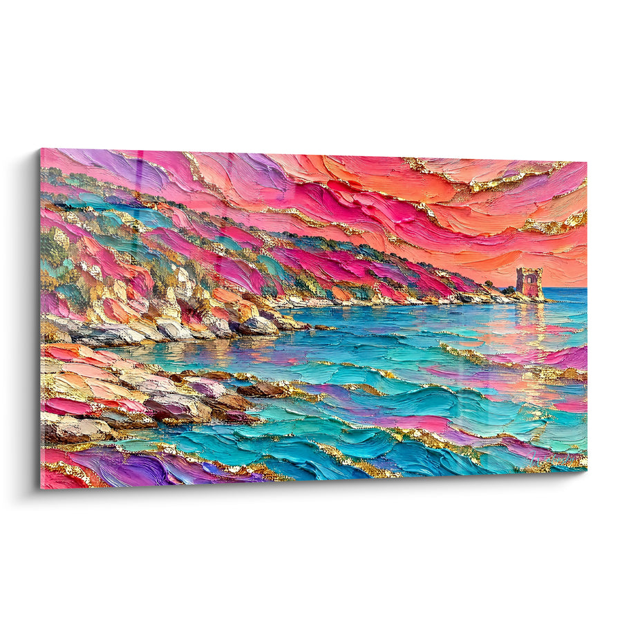 Tableau Côte rocheuse aux teintes turquoise et fuchsia - Rivage incandescent - Edition Saint-Florent Corse France