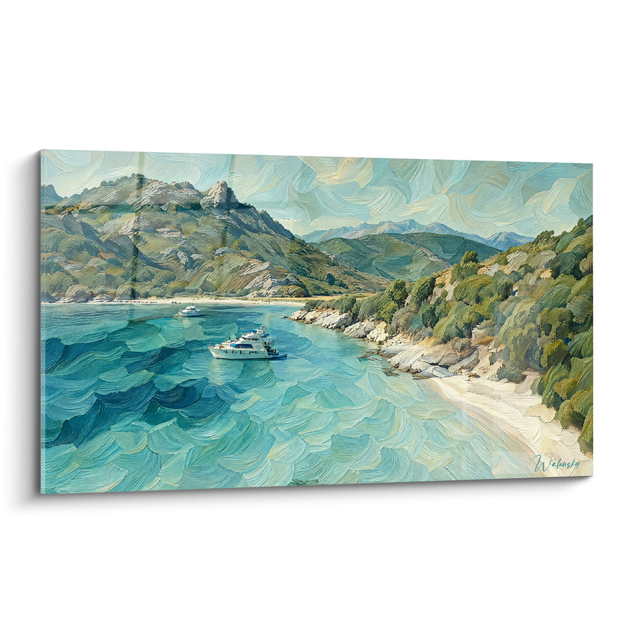 Tableau Crique turquoise aux collines vertes et yacht - Mouillage paisible - Edition Saint-Florent Corse France