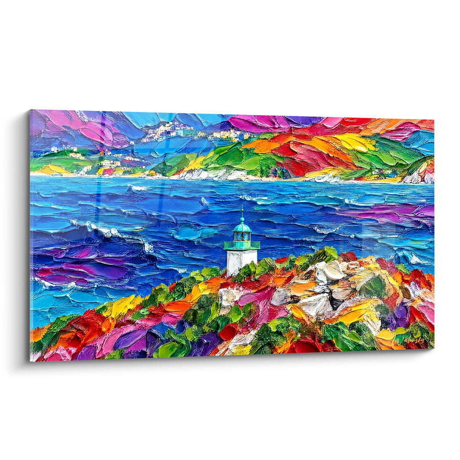 Tableau Phare blanc baie bleue et collines multicolores - Veille sur la baie - Edition Saint-Florent Corse France