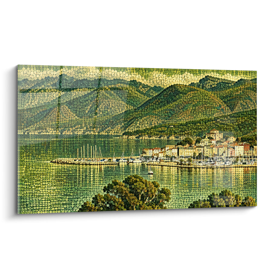 Tableau Port corse aux montagnes vertes et dorées - Aube sur la baie - Edition Saint-Florent Corse France