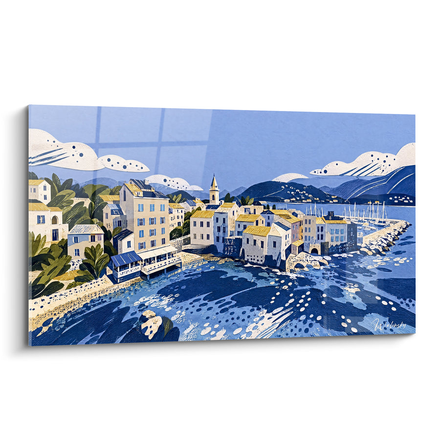 Tableau Village côtier bleu et ocre au clocher - Rêverie littorale - Edition Saint-Florent Corse France