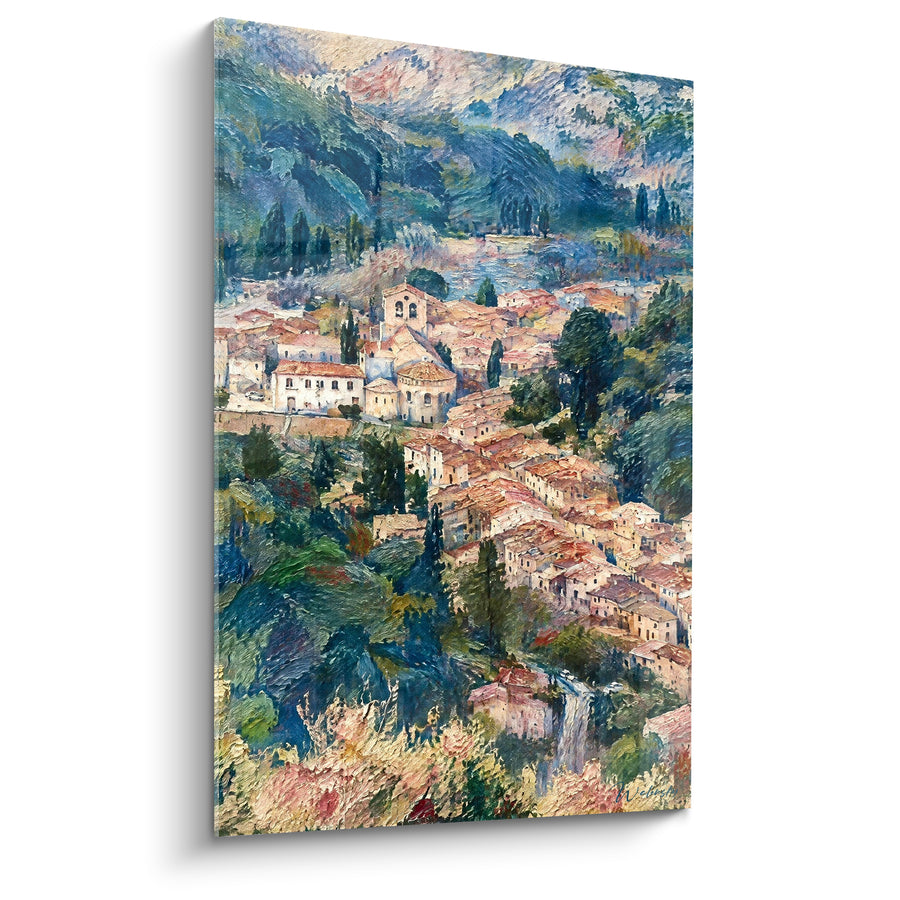 Painting Cliffside Village with Ochre Roofs and Green Hills - Haven of Tranquility - Saint-Guilhem-le-Désert Edition, Occitanie, France